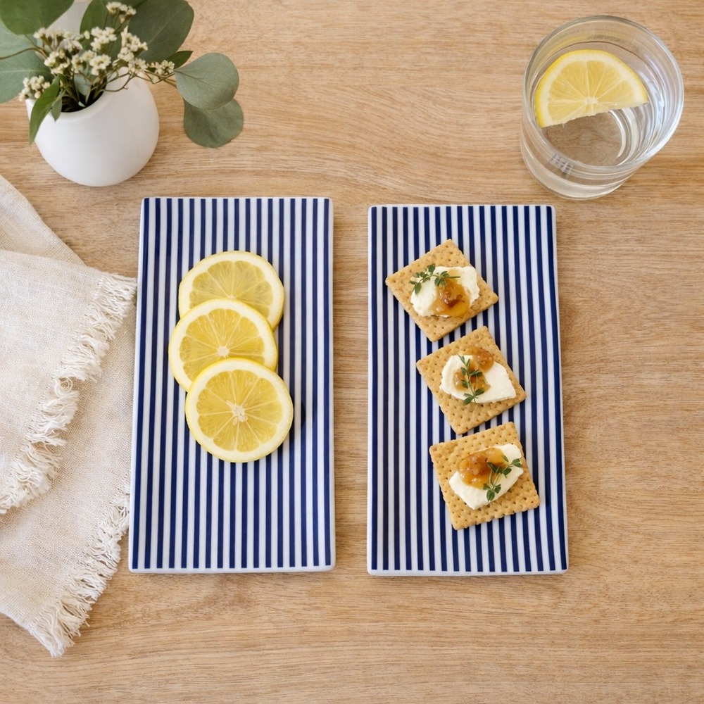 Caskata Newport Navy Blue White Stripe Porcelain Canape Appetizer Plates Set 2
